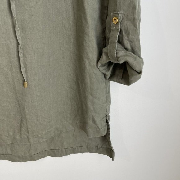 Company Ellen Tracy Green Linen Lace Up Front Roll Tab Sleeve Top - Picture 5 of 7